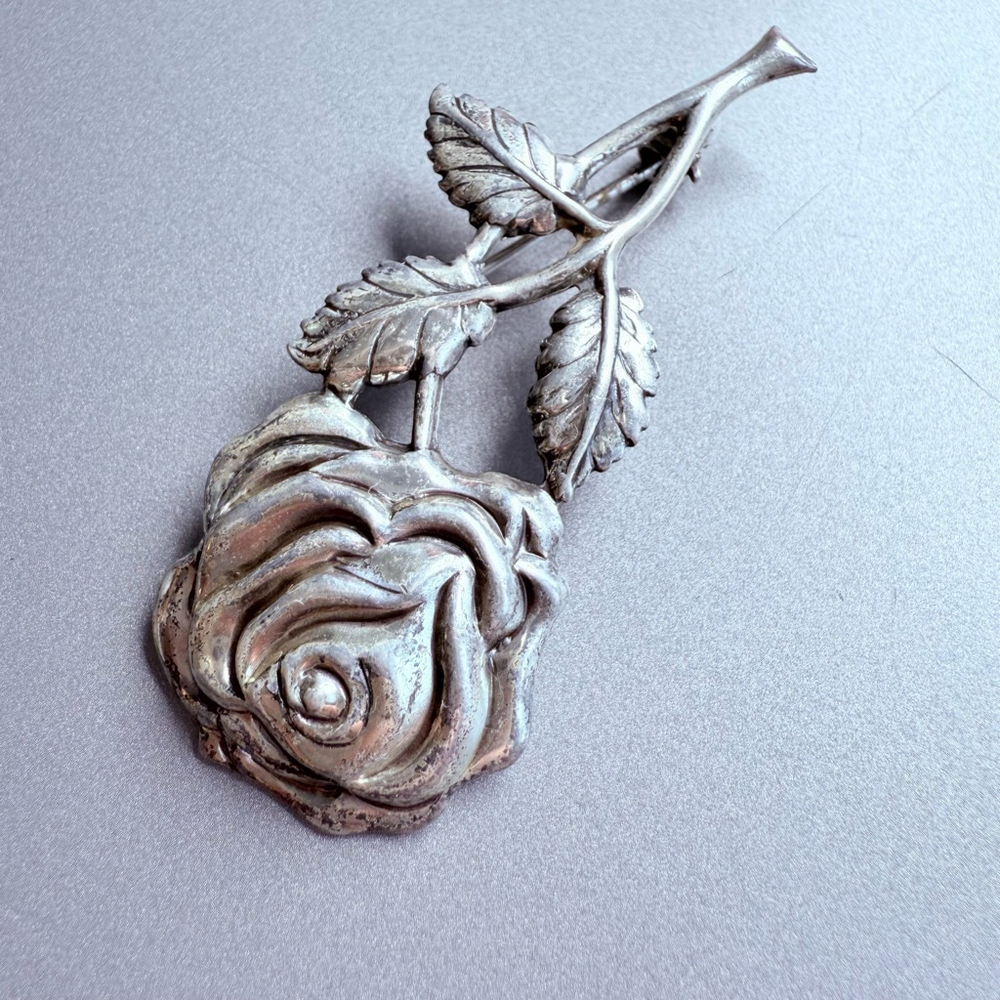 LANG 925 Sterling Silver Large 2.25" Rose Flower Mid Century Pin Brooch MCM VTG - Picture 5 of 7
